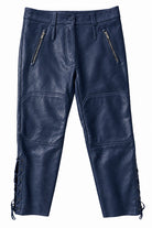 A pair of dark navy blue Miu Miu leather pants featuring zippered pockets, reinforced knee patches, and lace-up detailing on the sides, shown against a plain white background.