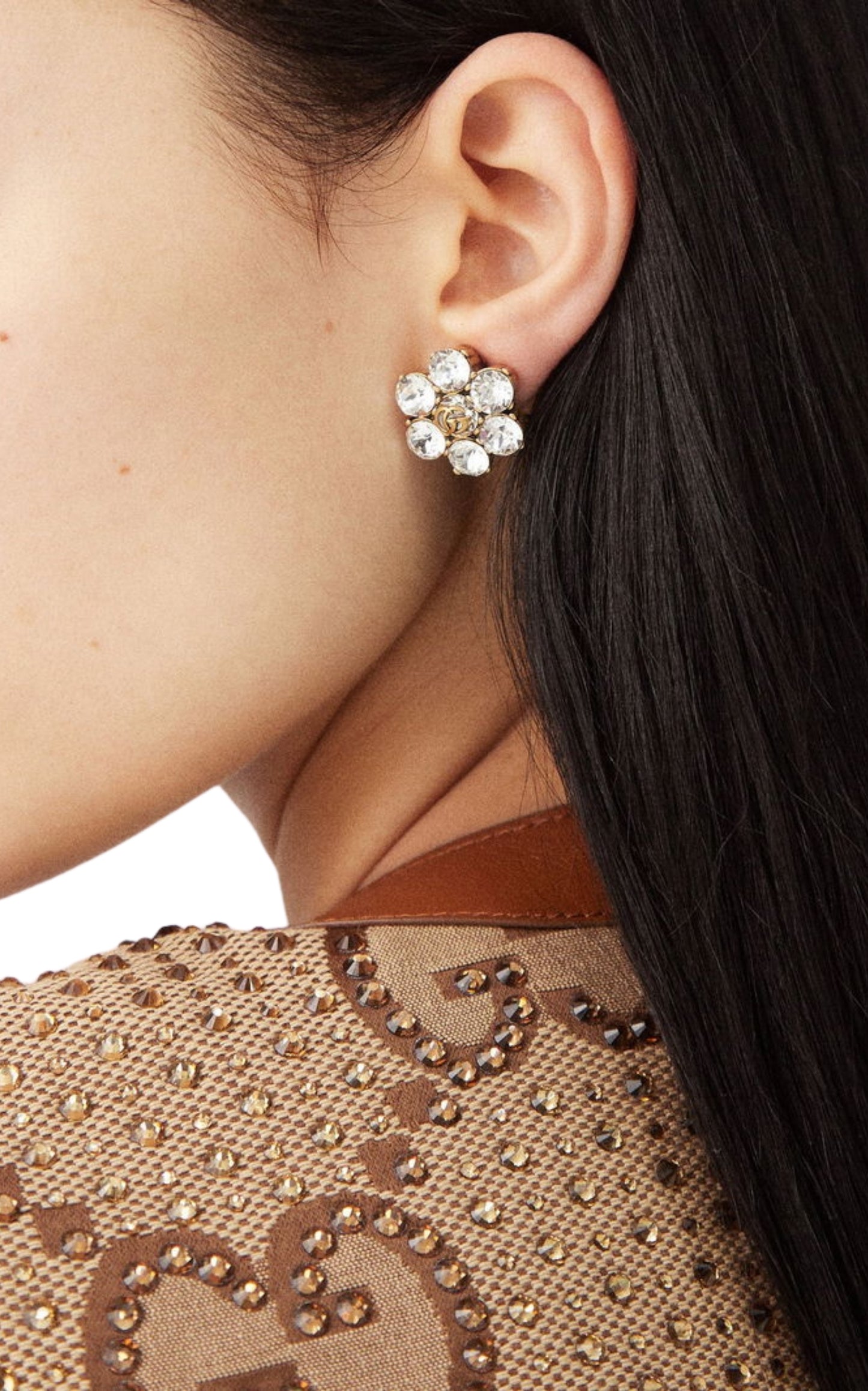 Gucci crystal GG clip earrings styled on model