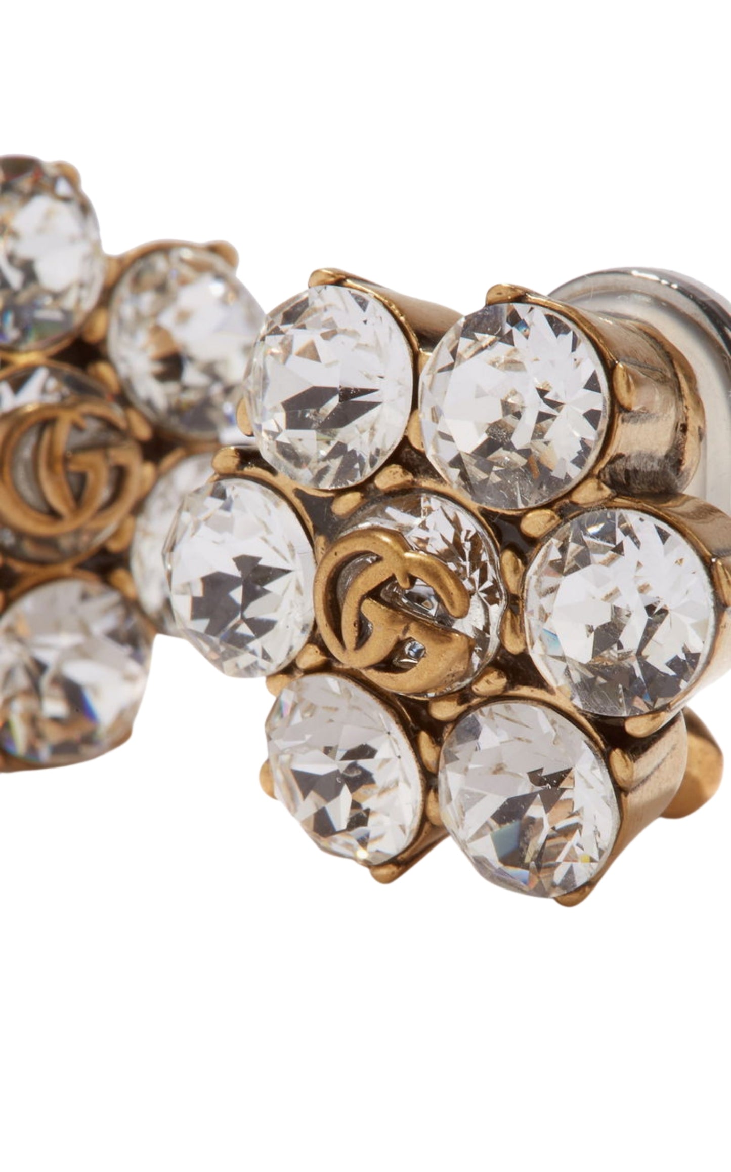 Gucci crystal GG clip earrings gold-tone metal angled view