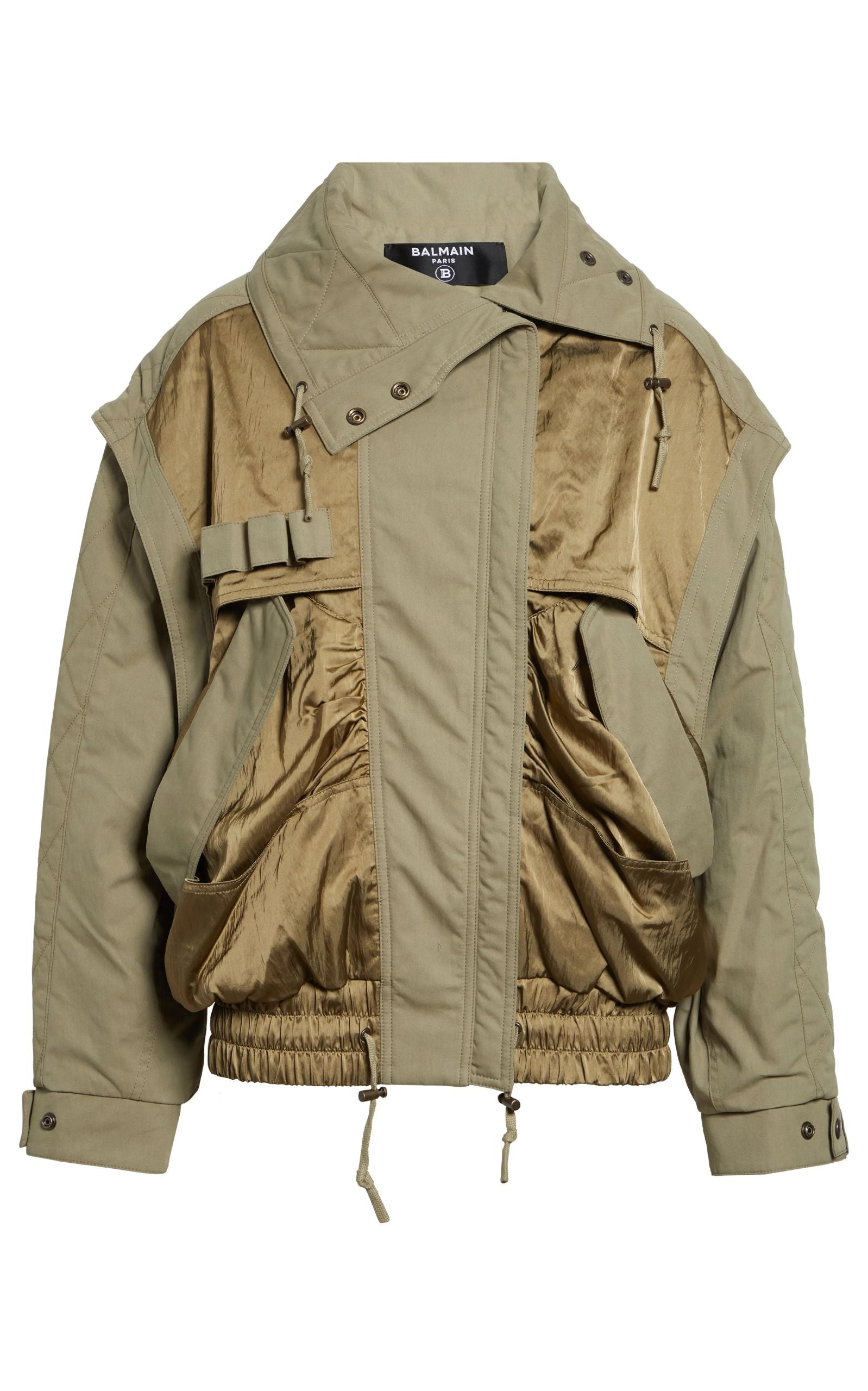 Balmain cotton blend twill utility bomber jacket with cargo pockets and standing collar