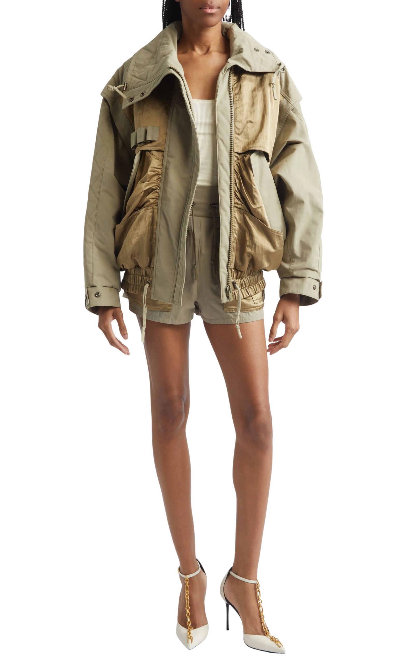 Balmain cotton blend twill utility bomber jacket with cargo pockets and standing collar