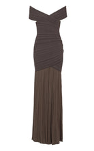 Balmain off-the-shoulder ribbed-knit maxi dress with crossover fitted bodice and sheer floor-length skirt