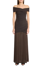 Balmain off-the-shoulder ribbed-knit maxi dress with crossover fitted bodice and sheer floor-length skirt