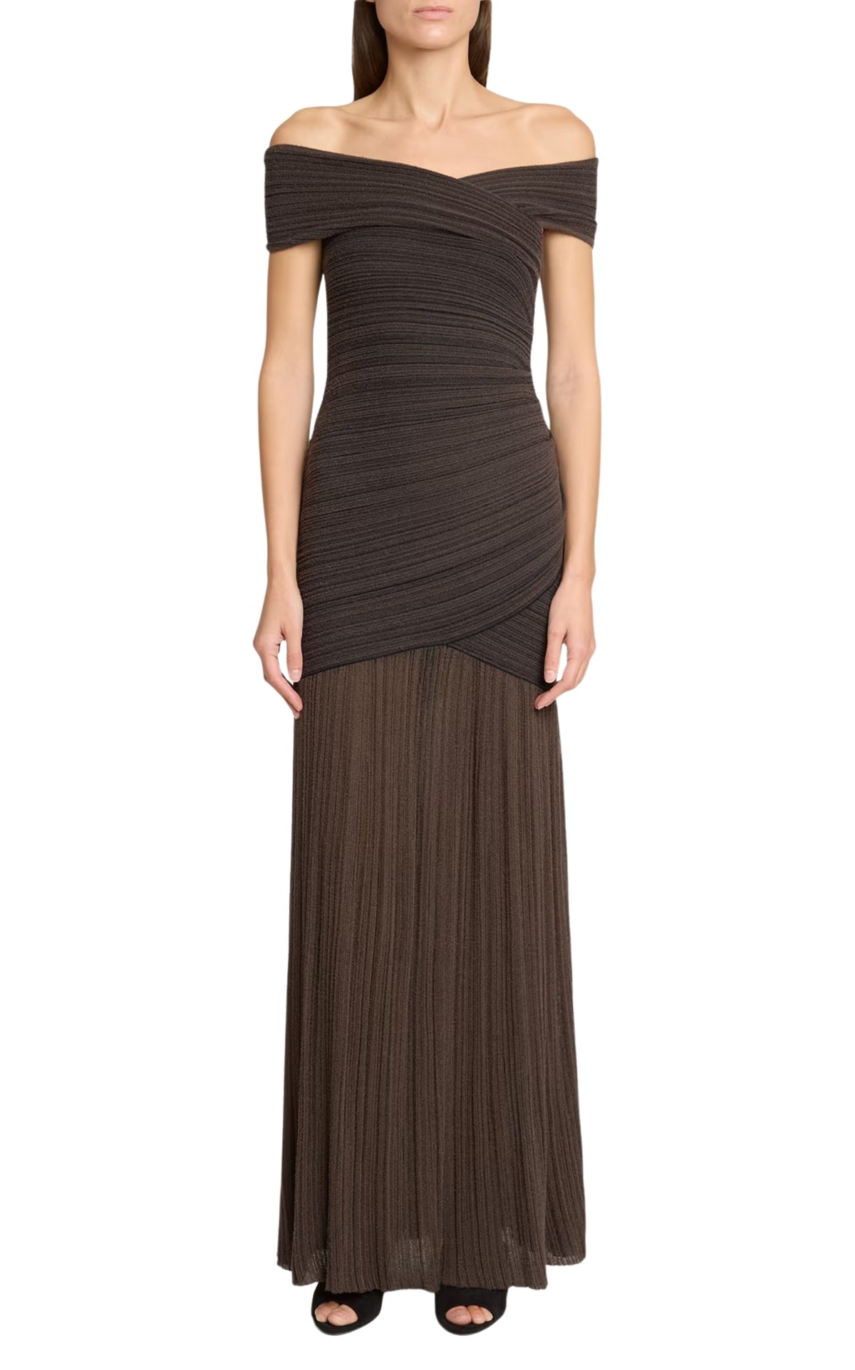 Balmain off-the-shoulder ribbed-knit maxi dress with crossover fitted bodice and sheer floor-length skirt