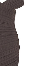 Balmain off-the-shoulder ribbed-knit maxi dress with crossover fitted bodice and sheer floor-length skirt