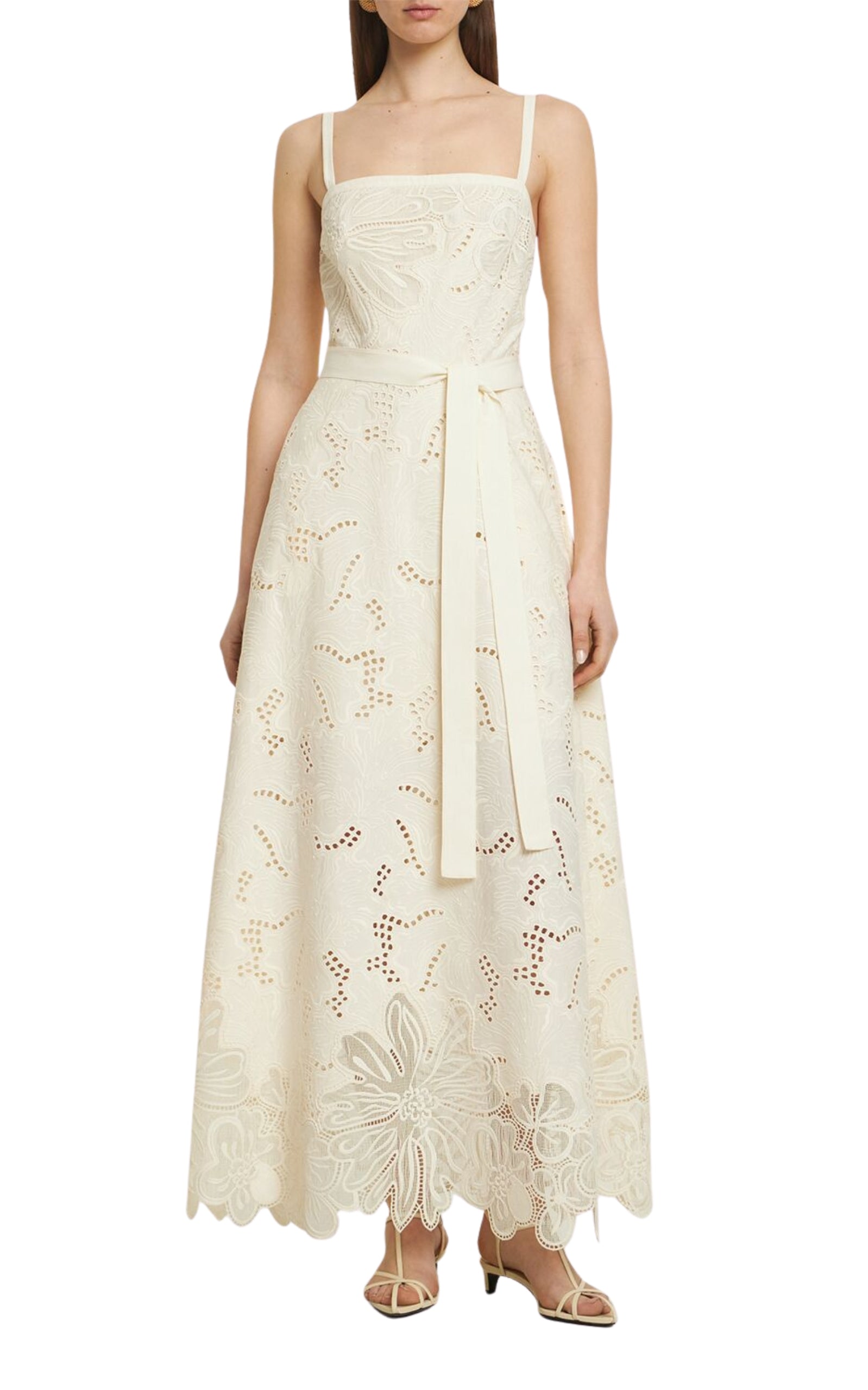 Elie Saab eyelet embroidered cotton-blend midi dress with scalloped hem