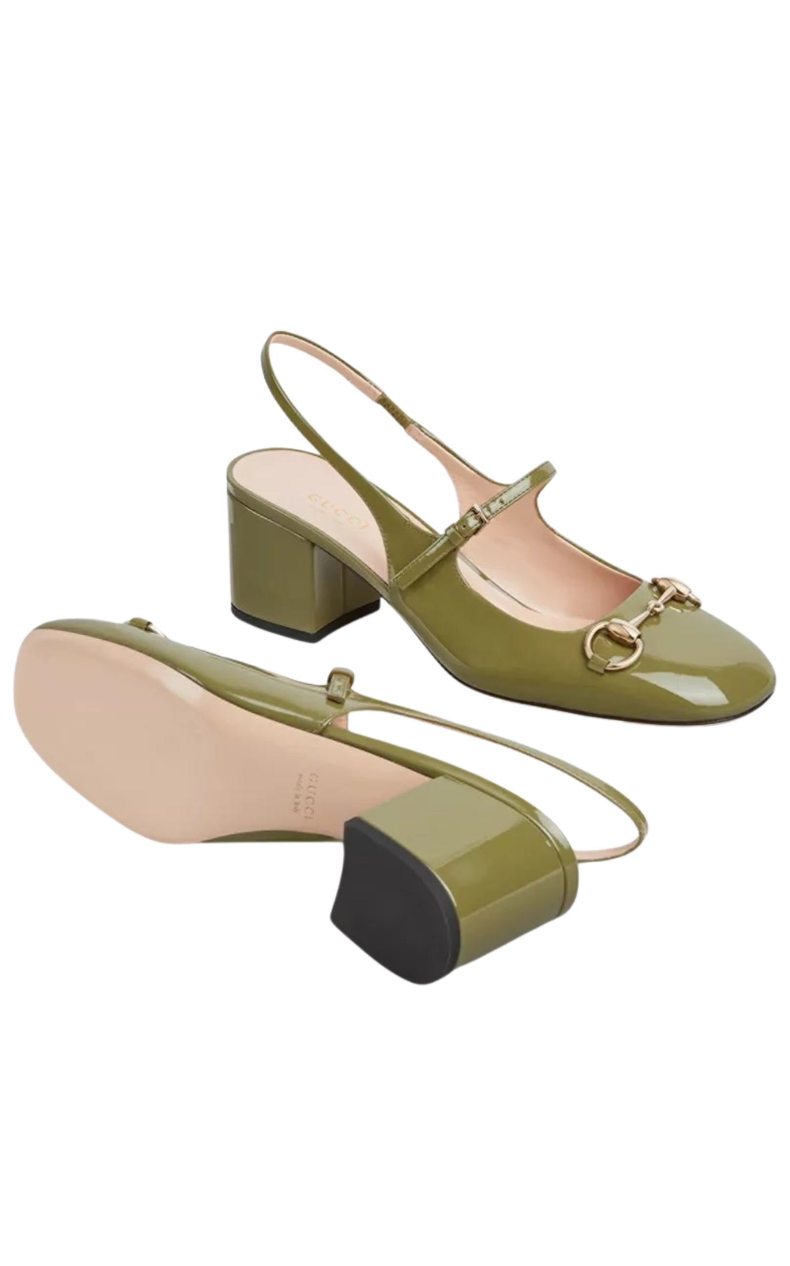 Gucci Horsebit 55 green patent leather slingback pumps