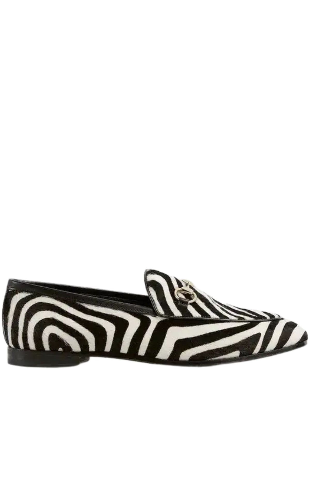 Gucci Jordaan zebra-print calf hair loafers with gold Horsebit hardware and almond toe