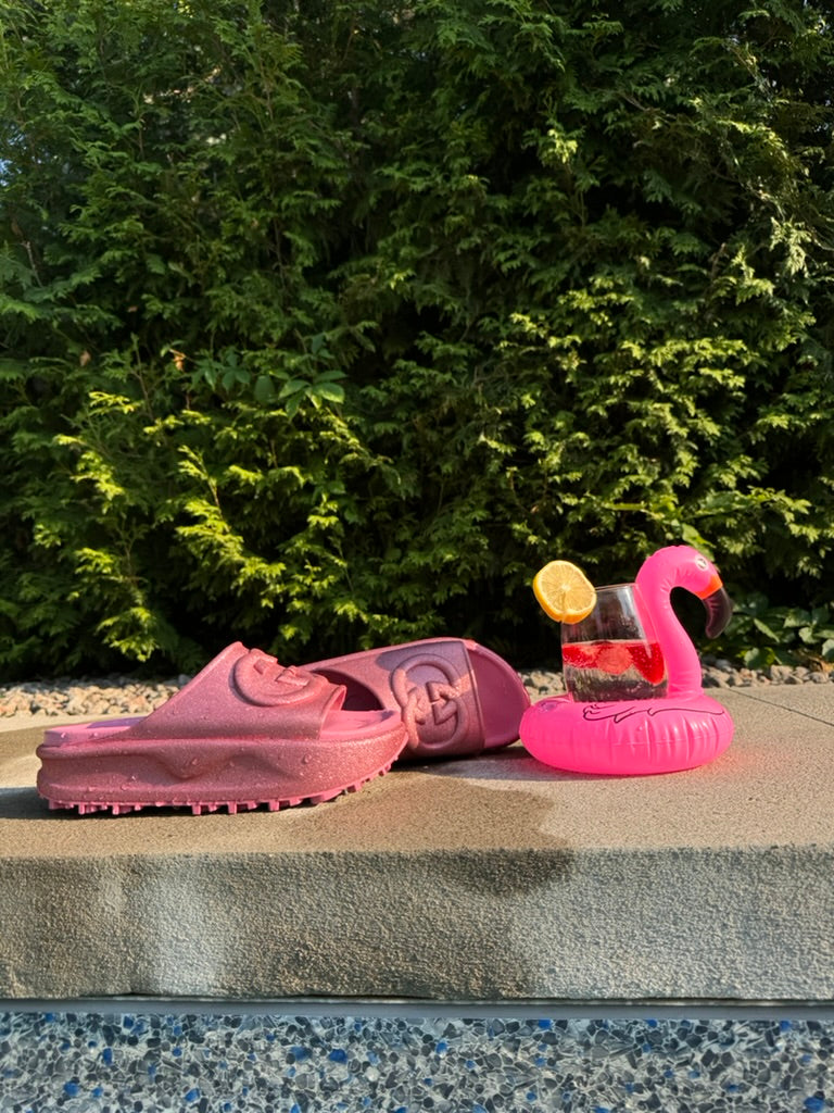 Gucci Miami pink rubber platform slides with oversized Interlocking G logo