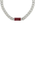 Gucci Trademark 925 sterling silver chain necklace with Rosso Ancora red enamel tag pendant