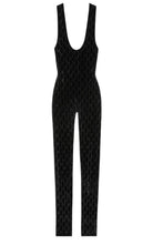 Gucci black velvet sleeveless jumpsuit with allover GG crystal embroidery