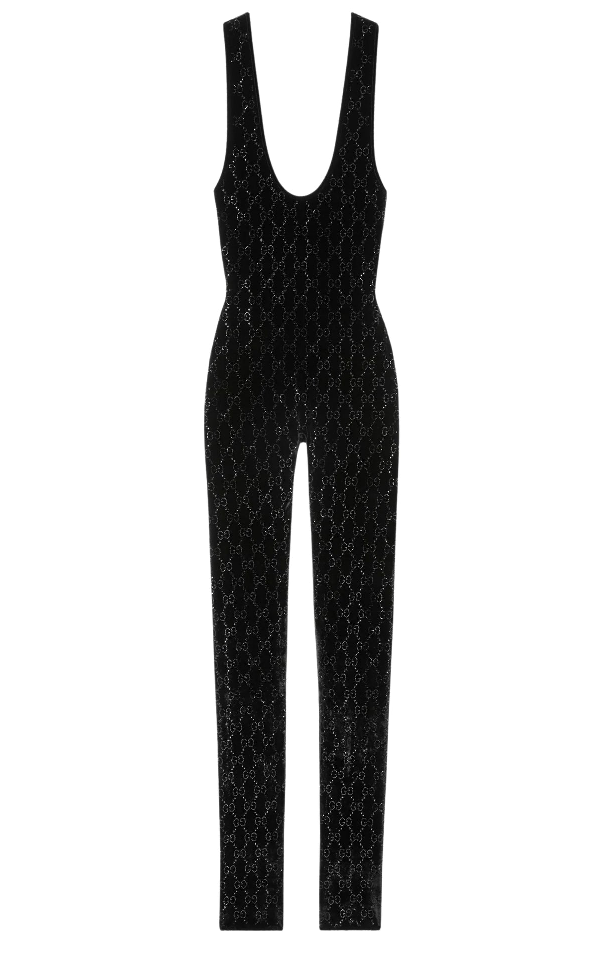 Gucci black velvet sleeveless jumpsuit with allover GG crystal embroidery