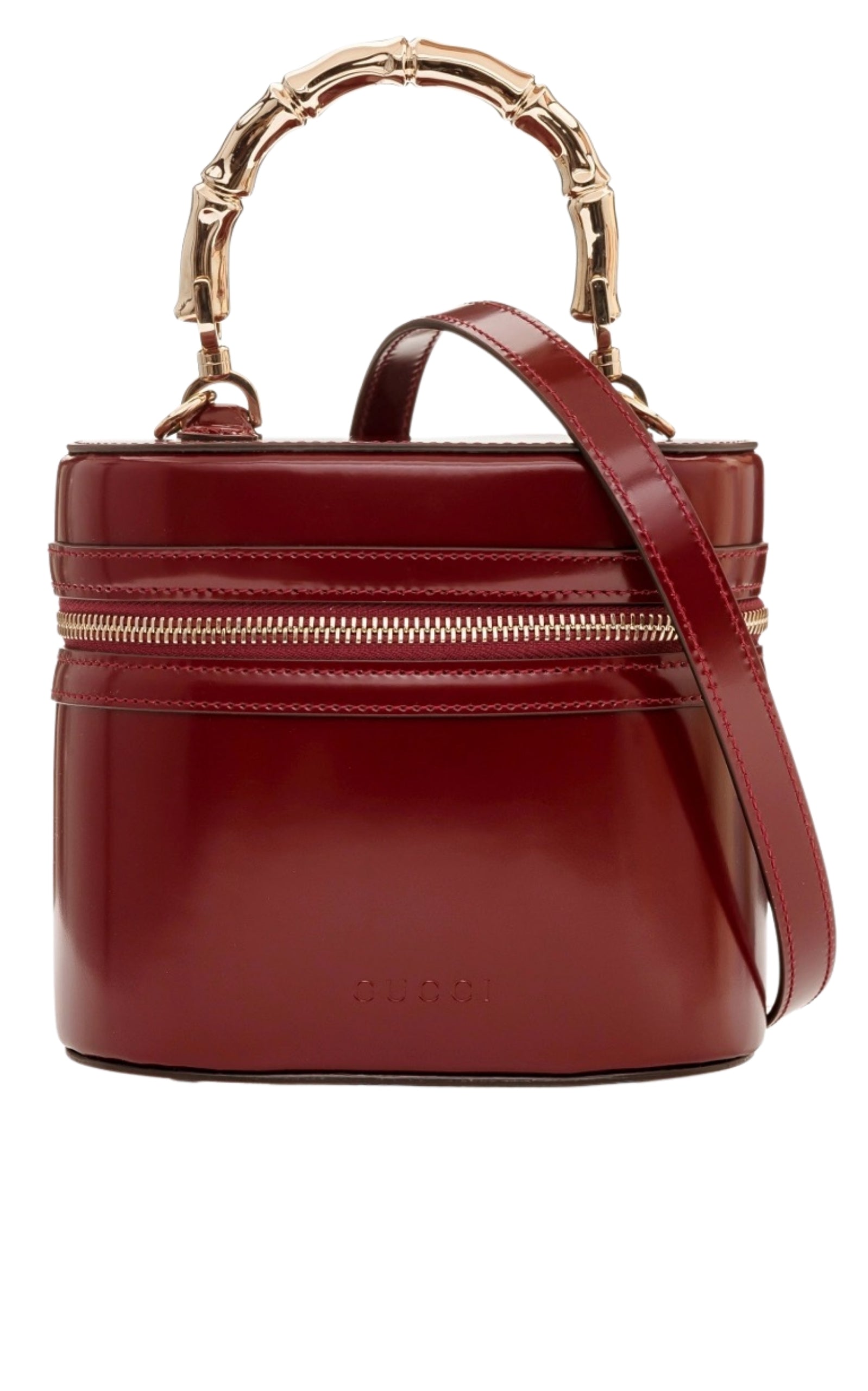 Gucci burgundy glossy leather bucket bag with bamboo-inspired top handle