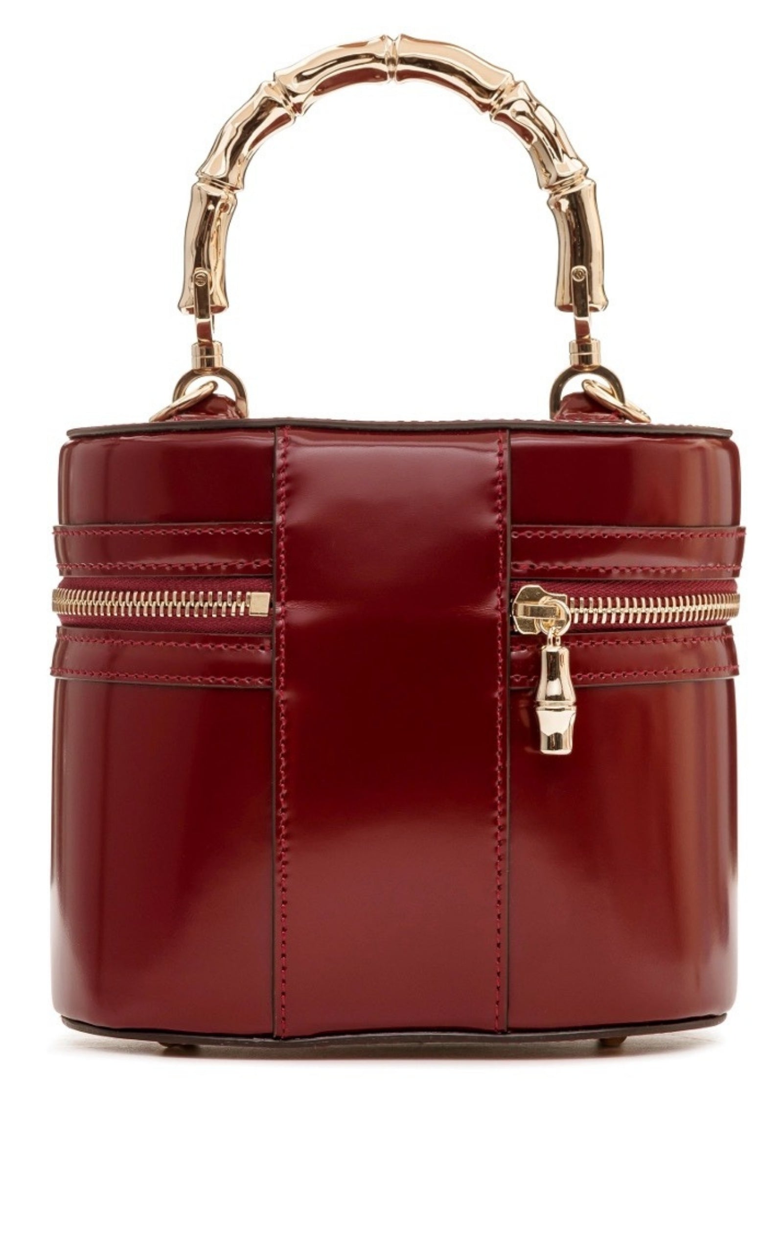 Gucci burgundy glossy leather bucket bag with bamboo-inspired top handle