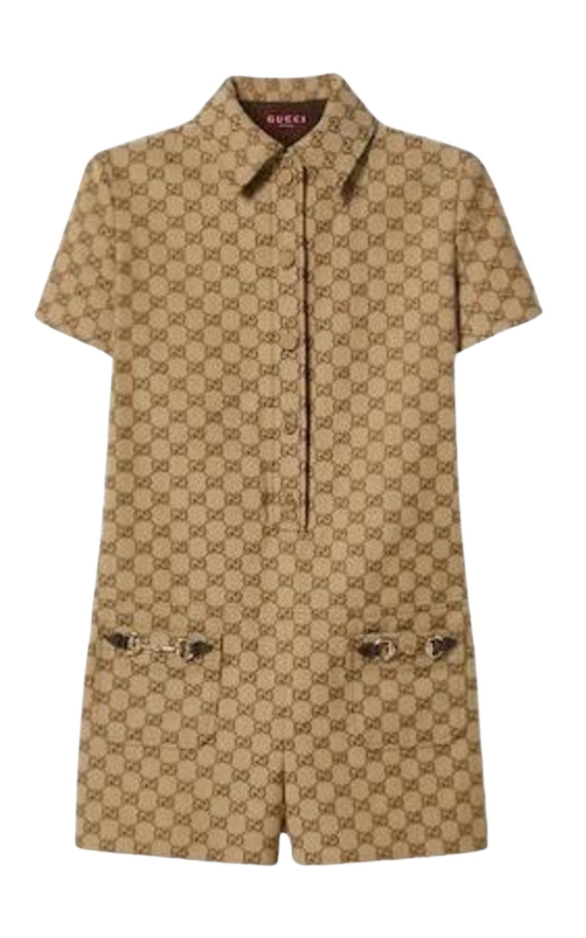 Gucci camel and ebony Original GG canvas jumpsuit with gold Horsebit pocket details