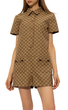 Gucci camel and ebony Original GG canvas jumpsuit with gold Horsebit pocket details