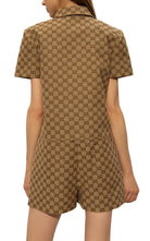 Gucci camel and ebony Original GG canvas jumpsuit with gold Horsebit pocket details