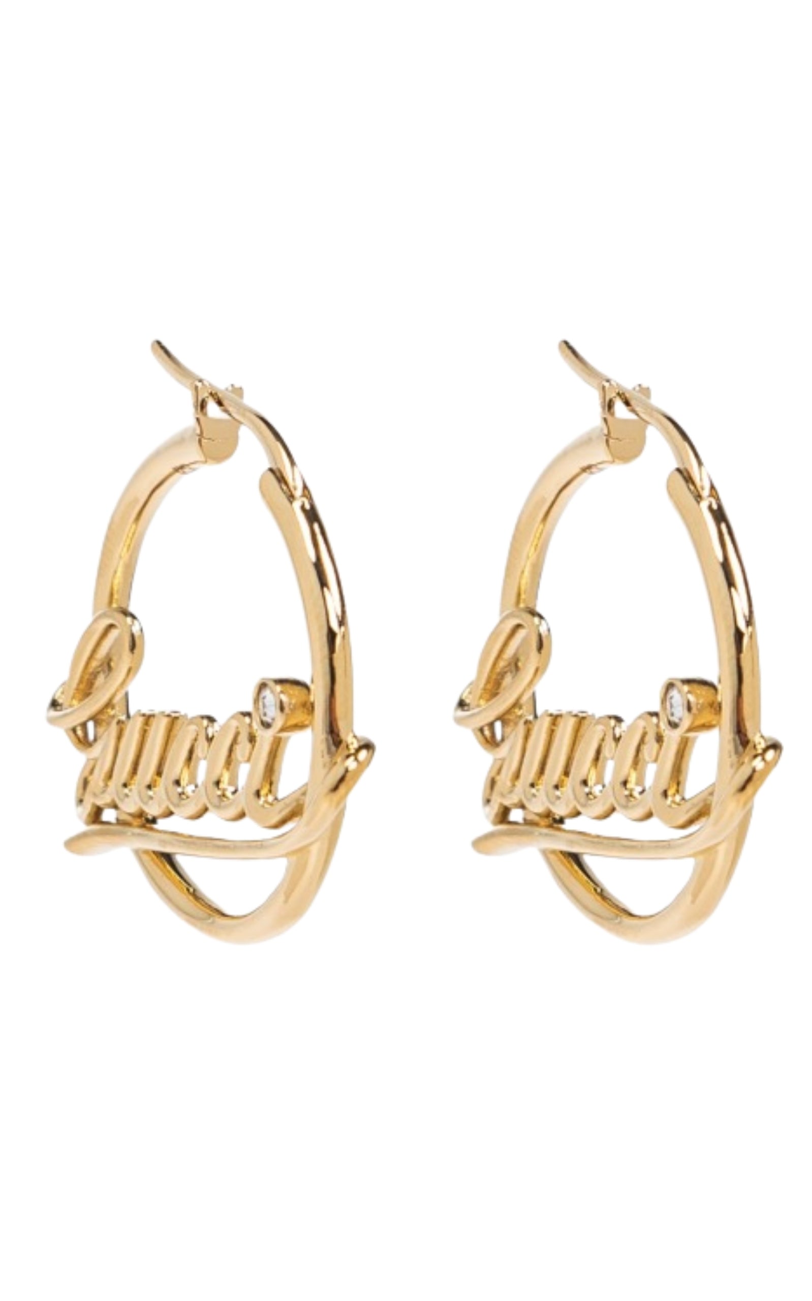 Gucci script logo crystal gold tone hoop earrings