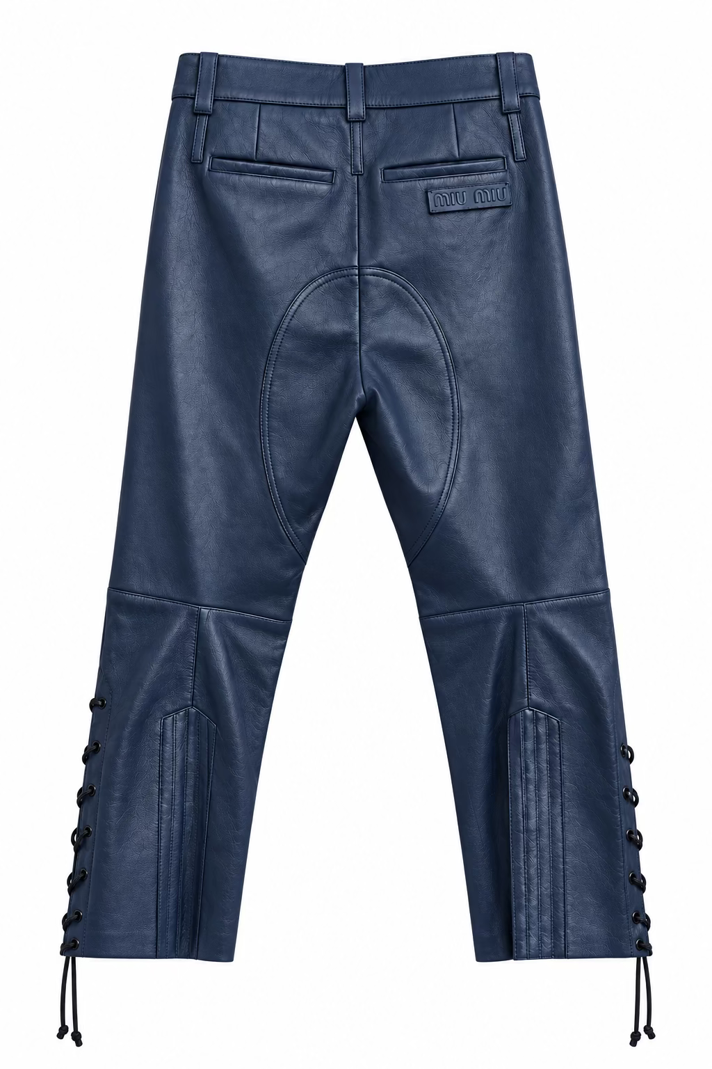 Blue Miu Miu leather western-style pants with side lace-up detailing and a stitched brand patch on the back pocket, shown against a plain white background.