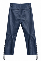 Blue Miu Miu leather western-style pants with side lace-up detailing and a stitched brand patch on the back pocket, shown against a plain white background.