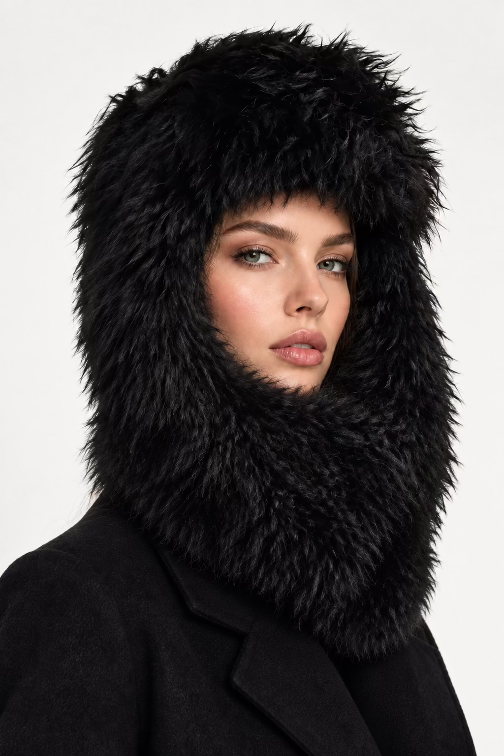 A Prada Black Shearling Trapper Hat displayed on a white mannequin head