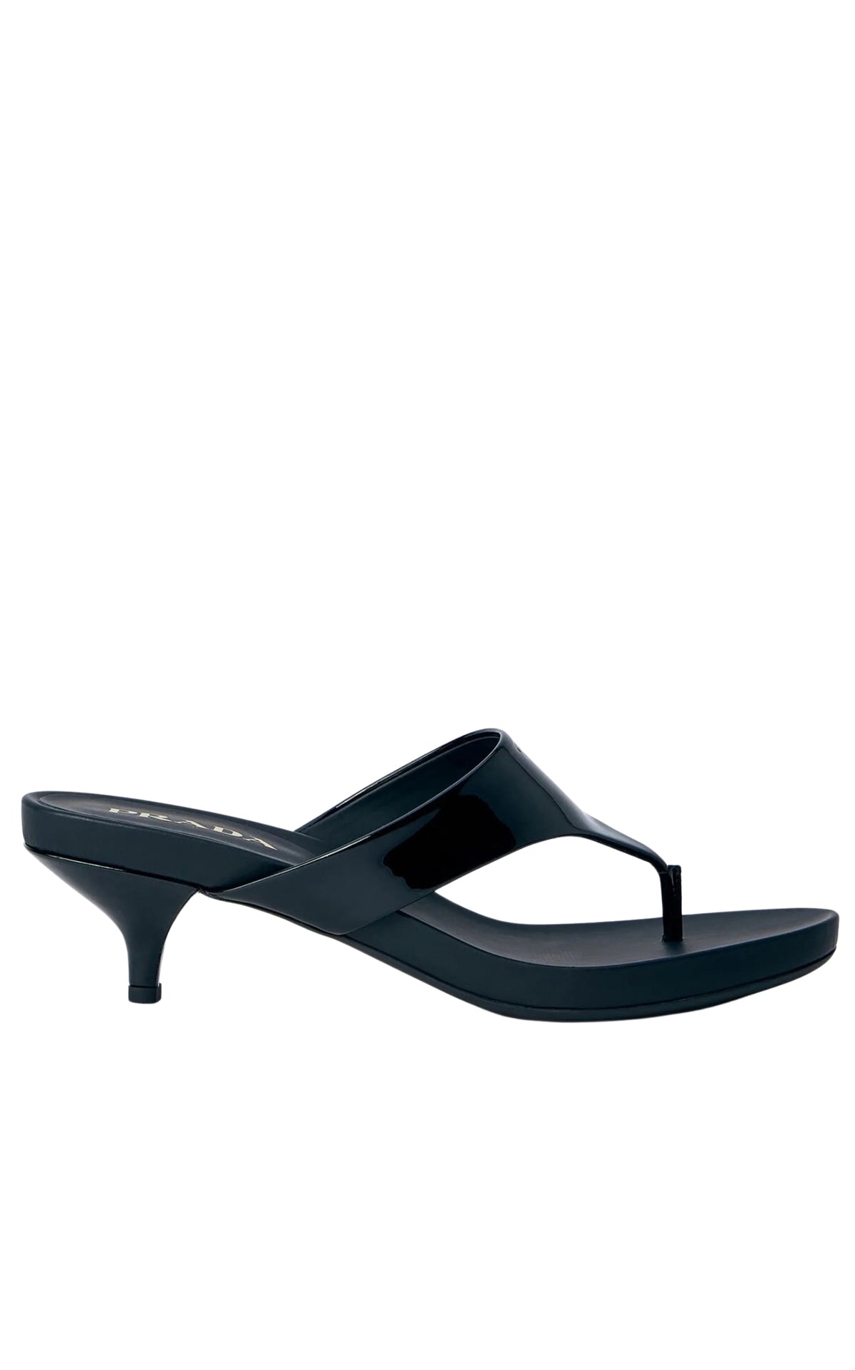 Prada black patent leather thong sandals with open toe and kitten heel
