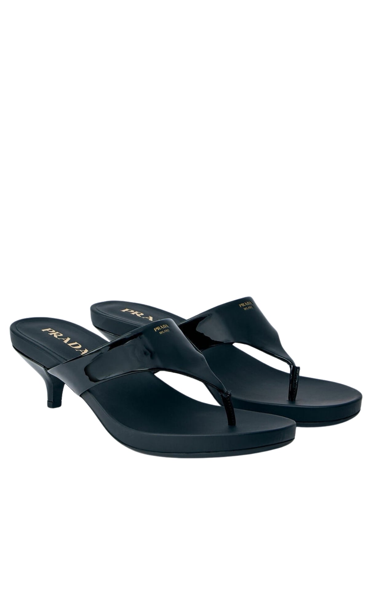 Prada black patent leather thong sandals with open toe and kitten heel