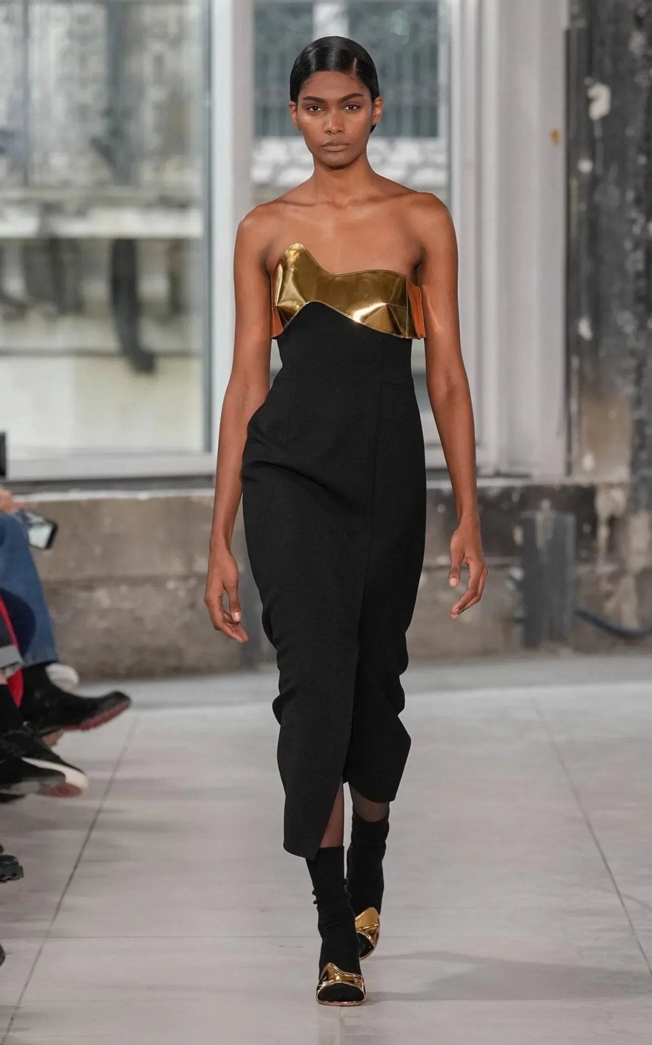 Midi Cocktail Dress with Gold Leather Highlight Black / 8
