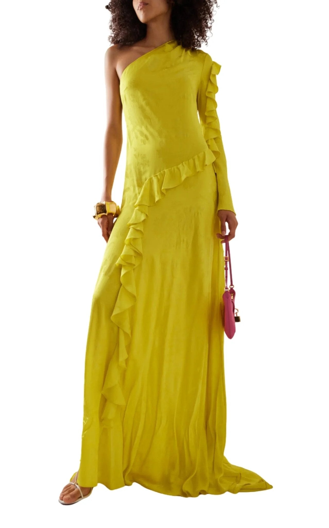 ALEJANDRA ALONSO ROJAS One Shoulder Yellow Silk Ruffle Dress - Runway Catalog