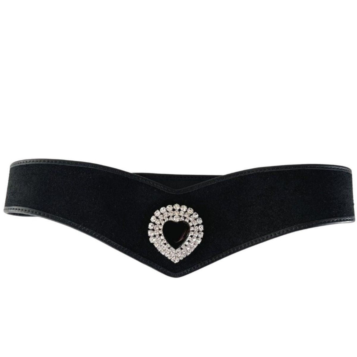 Alessandra Rich Black Leather and Velvet Crystal Heart Belt