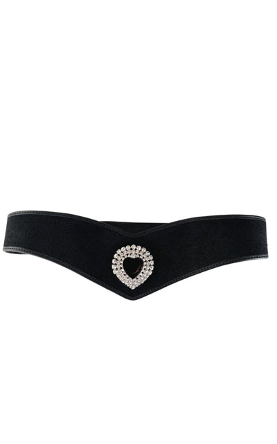 Alessandra Rich Black Leather and Velvet Crystal Heart Belt - Runway Catalog
