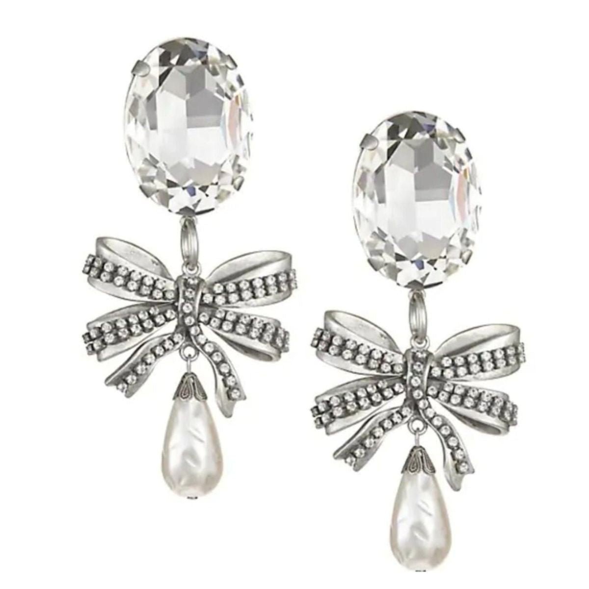Alessandra Rich Crystal Bow Pearl Drop Earring - Runway Catalog