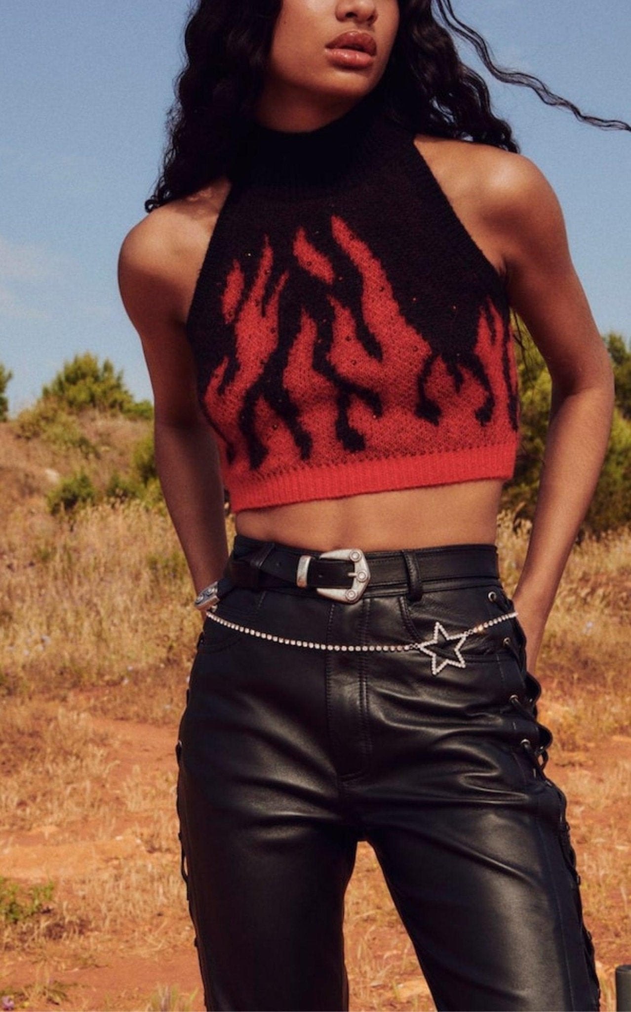Alessandra Rich Flames Jacquard Knit Crop Top - Runway Catalog