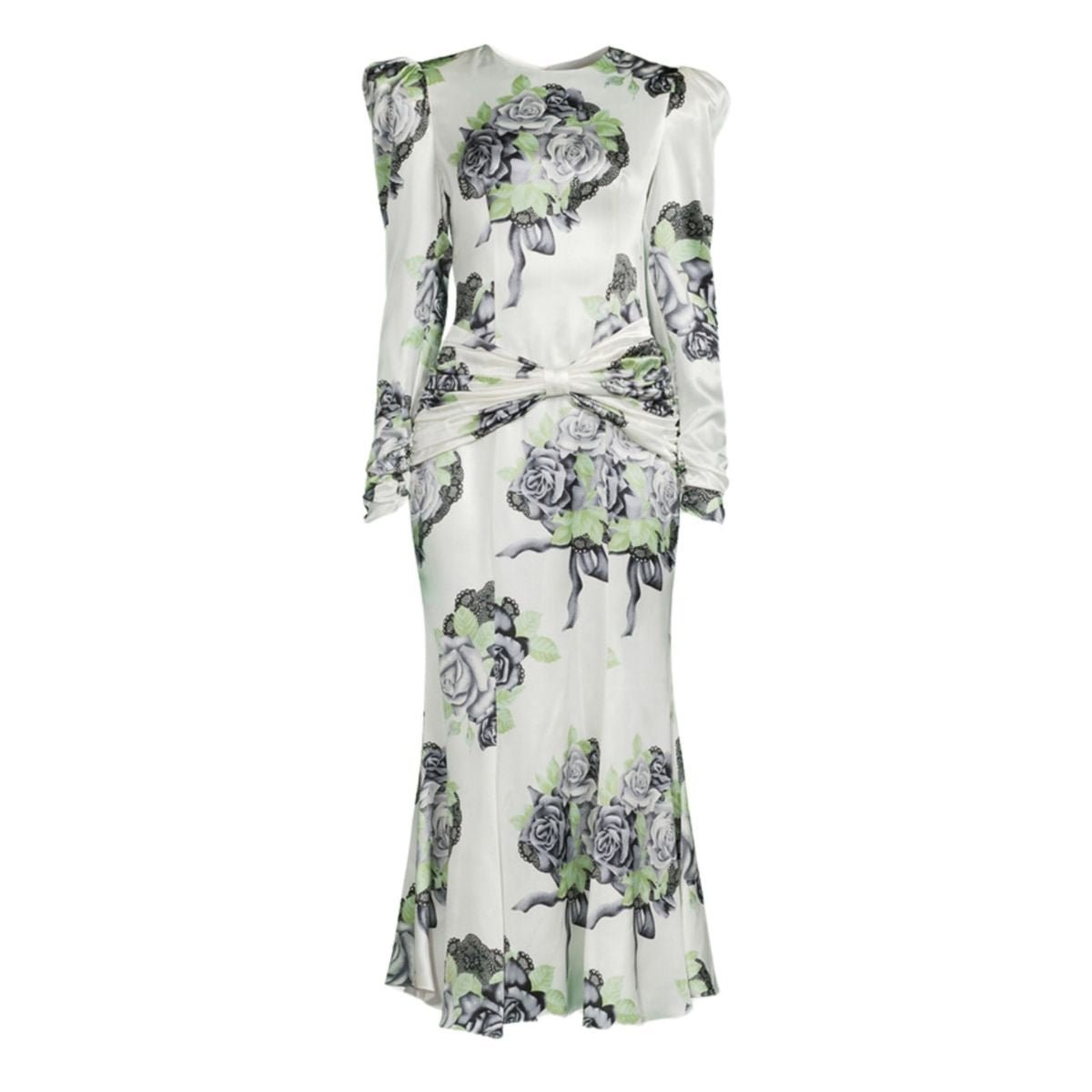 Alessandra Rich Silk Satin Rose Print Midi Dress - Runway Catalog