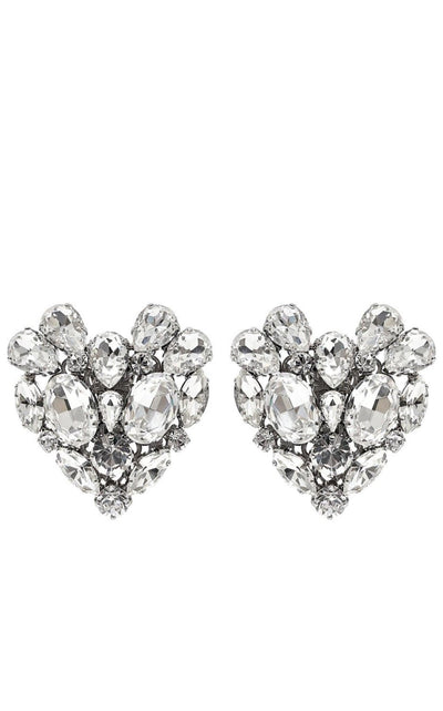 Alessandra Rich Silvertone Crystal Heart Stud Clip - On Earrings - Runway Catalog