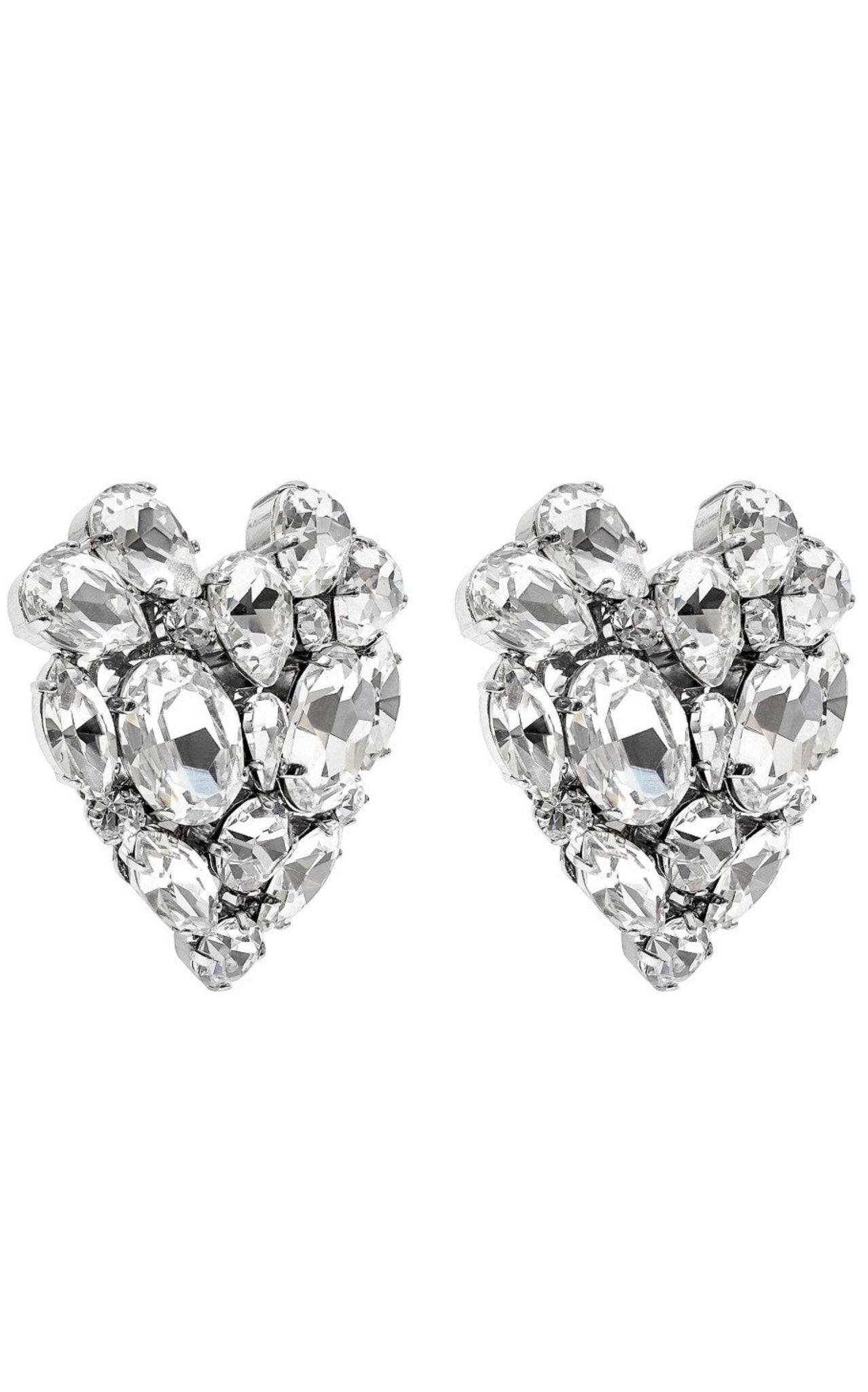 Alessandra Rich Silvertone Crystal Heart Stud Clip - On Earrings - Runway Catalog