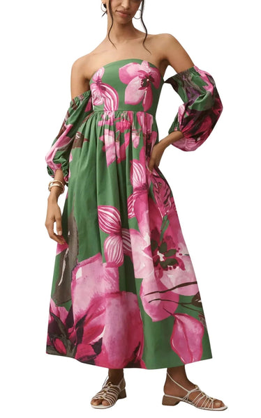 anthropologie pink dress floral Dress The Population Connor Strapless Sweetheart 3D Floral Chiffon Dress