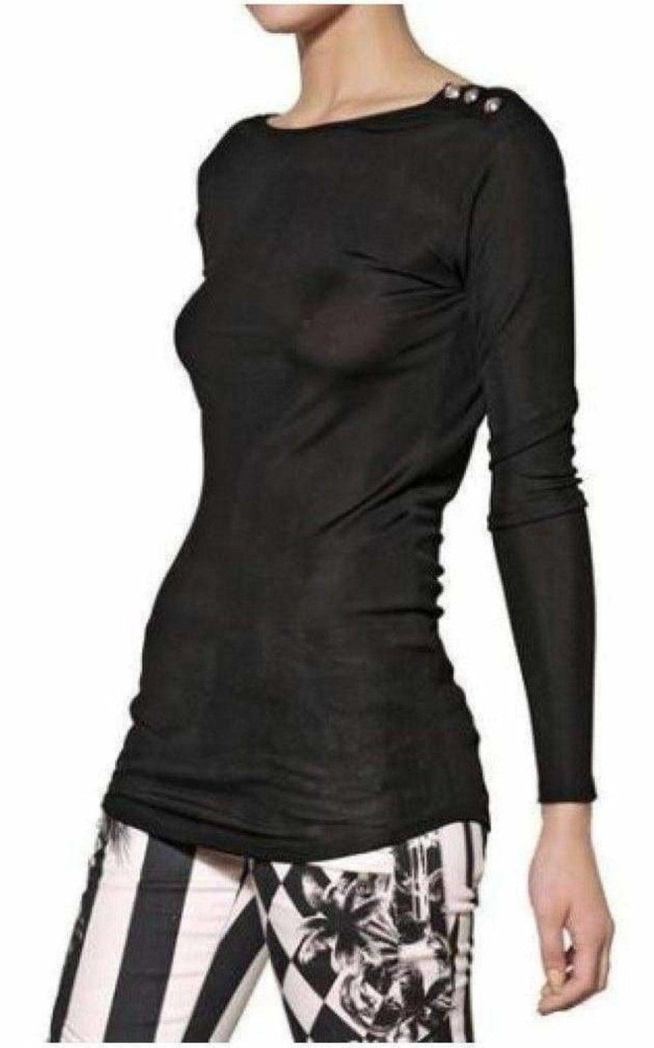 Balmain Black Long Sleeve Open Back Cotton-Blend Top with Logo Buttons