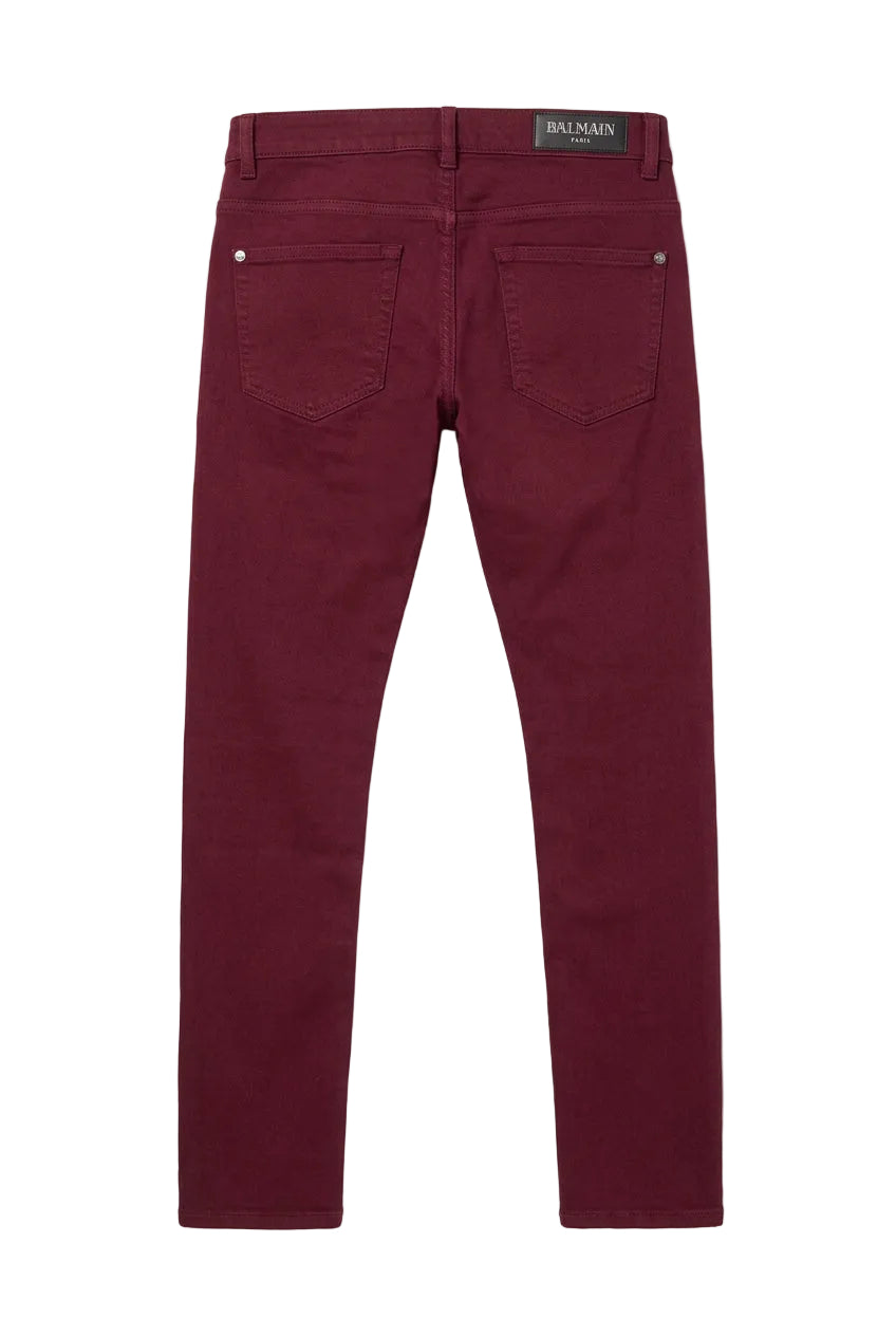 Balmain Balmain Burgundy Embroidered Trimming Slim Stretch Jeans - Runway Catalog