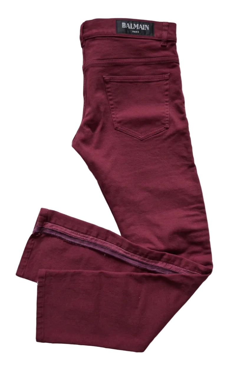 Balmain Balmain Burgundy Embroidered Trimming Slim Stretch Jeans - Runway Catalog