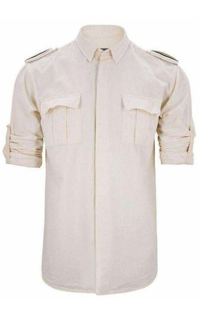 Balmain Balmain Ecru Linen Military Shirt with Embroidered Epaulettes - Runway Catalog