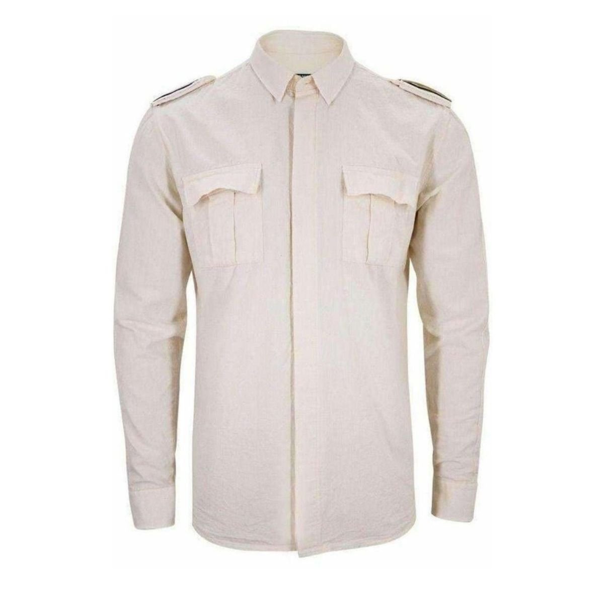 Balmain Balmain Ecru Linen Military Shirt with Embroidered Epaulettes - Runway Catalog