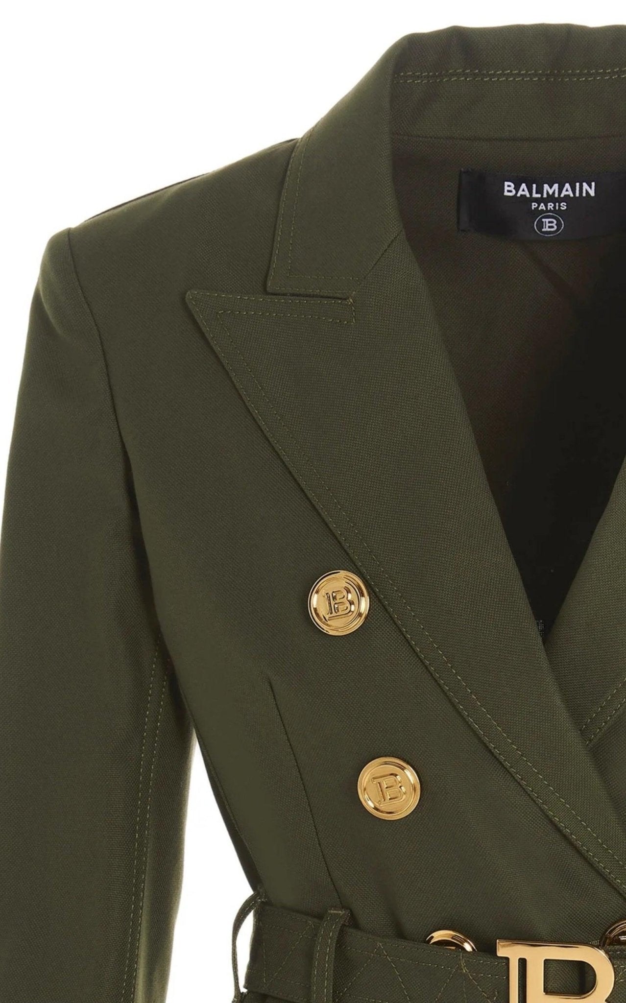 Balmain Belted Double-Breasted Cotton Blazer Khaki Green