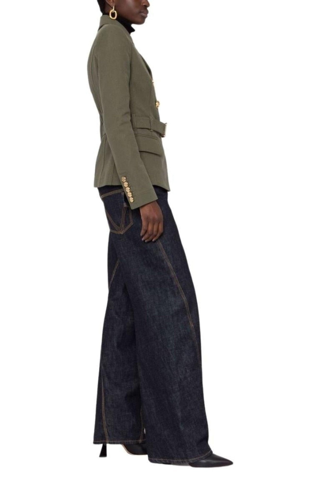 Balmain Belted Double-Breasted Cotton Blazer Khaki Green