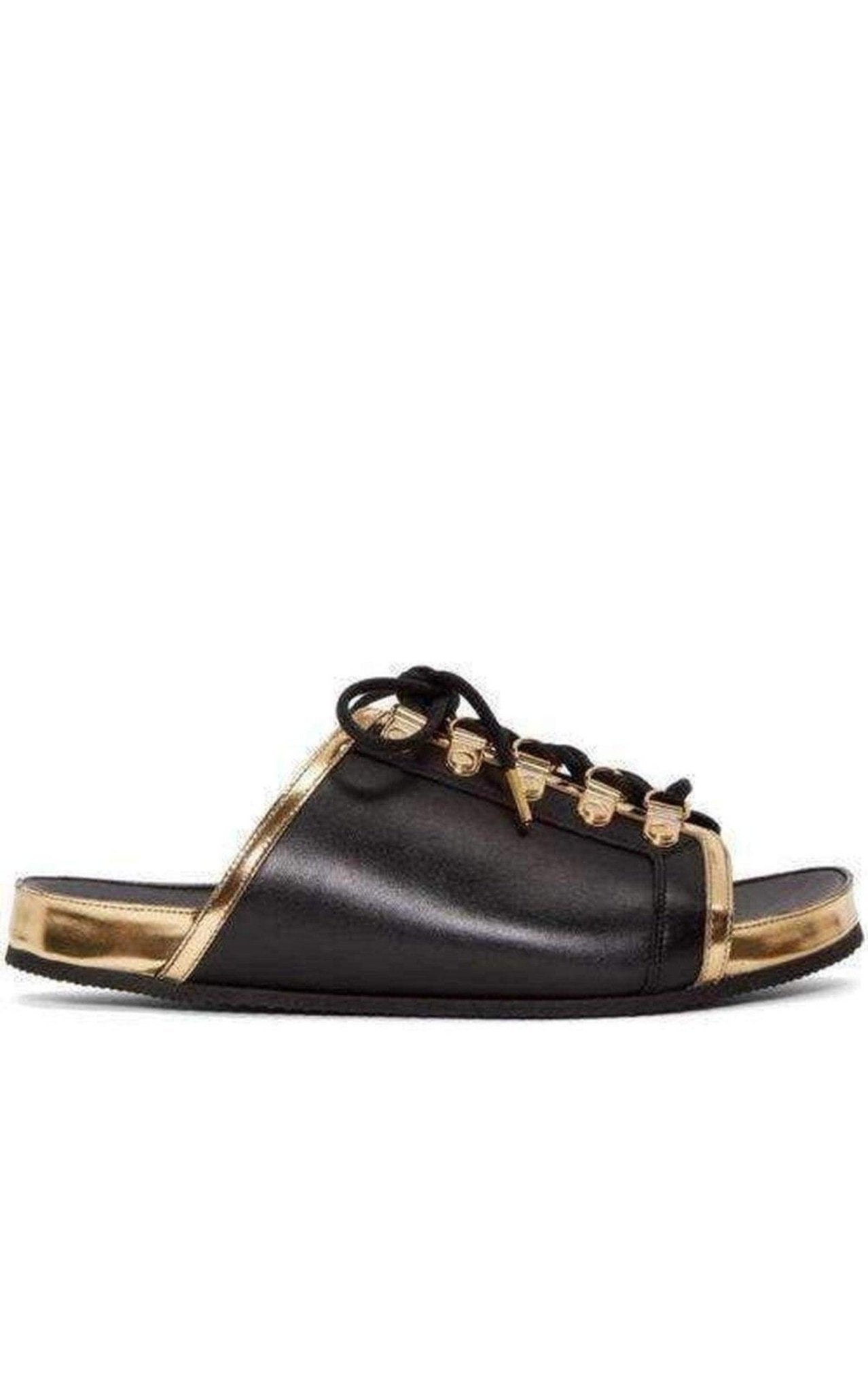 Balmain Black Gold Lace up Sliders Men Leather Sandals - Runway Catalog