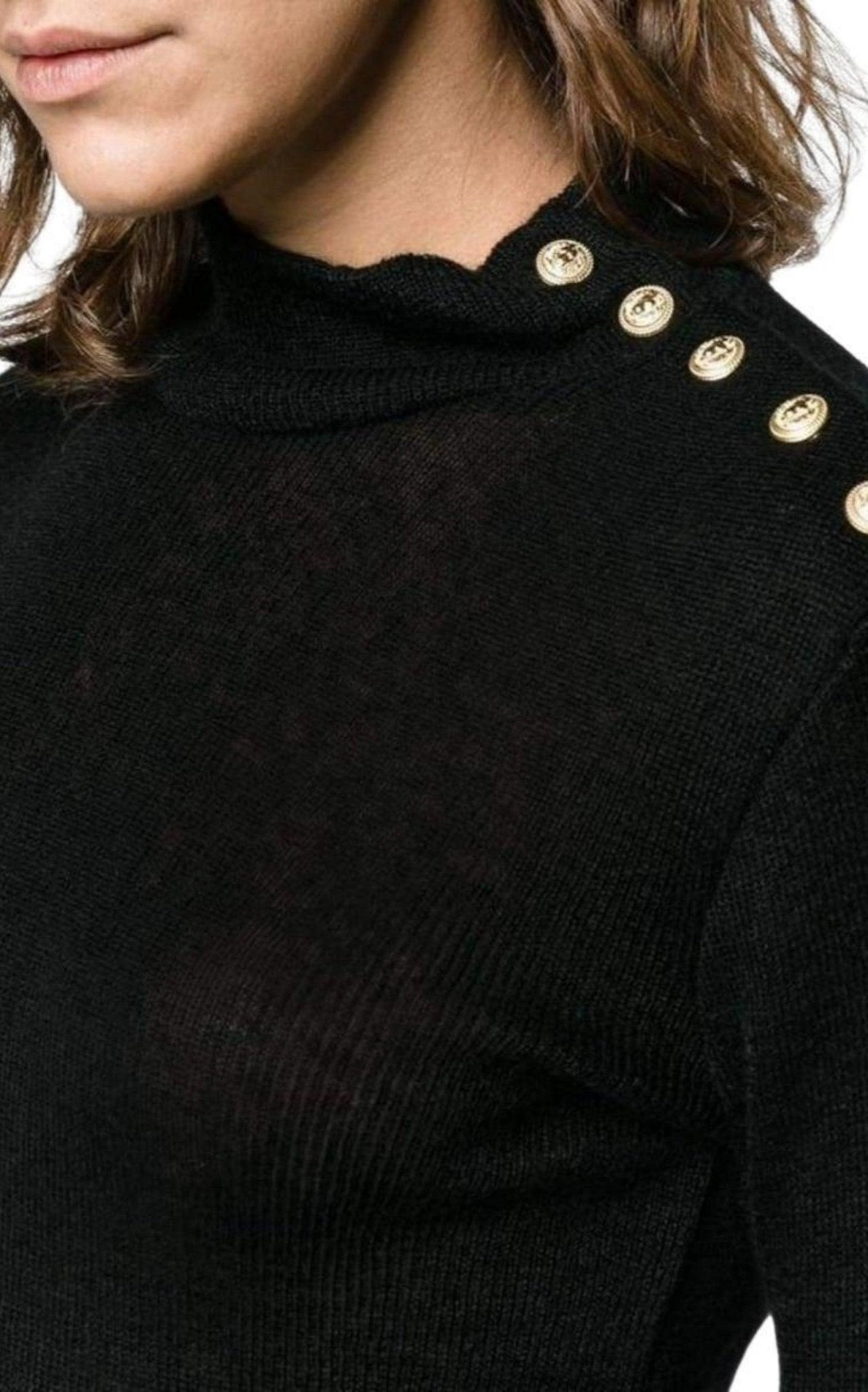 Balmain Black Gold Button Fine Wool Turtleneck Sweater