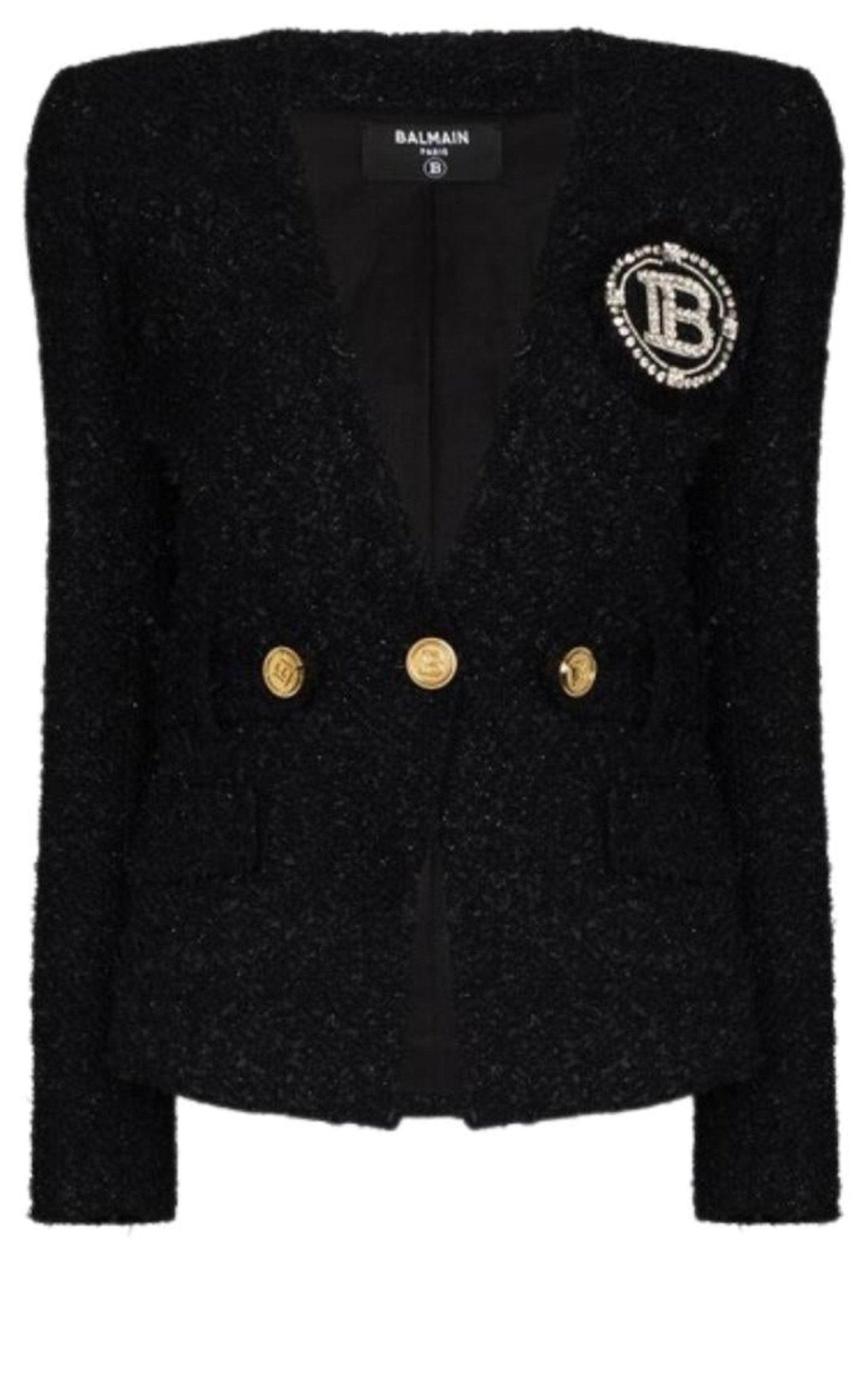 Balmain Crystal Logo Metallic Tweed Belted Blazer