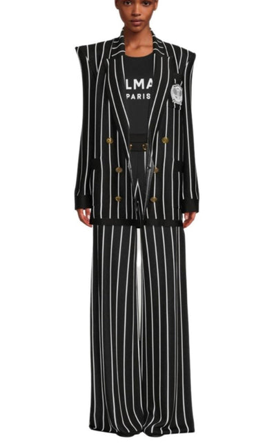 Balmain Double - Breasted Black White Striped Wool Blazer - Runway Catalog