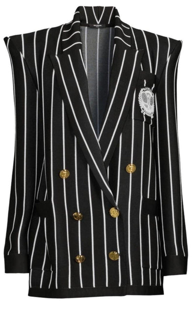 Balmain Double - Breasted Black White Striped Wool Blazer - Runway Catalog