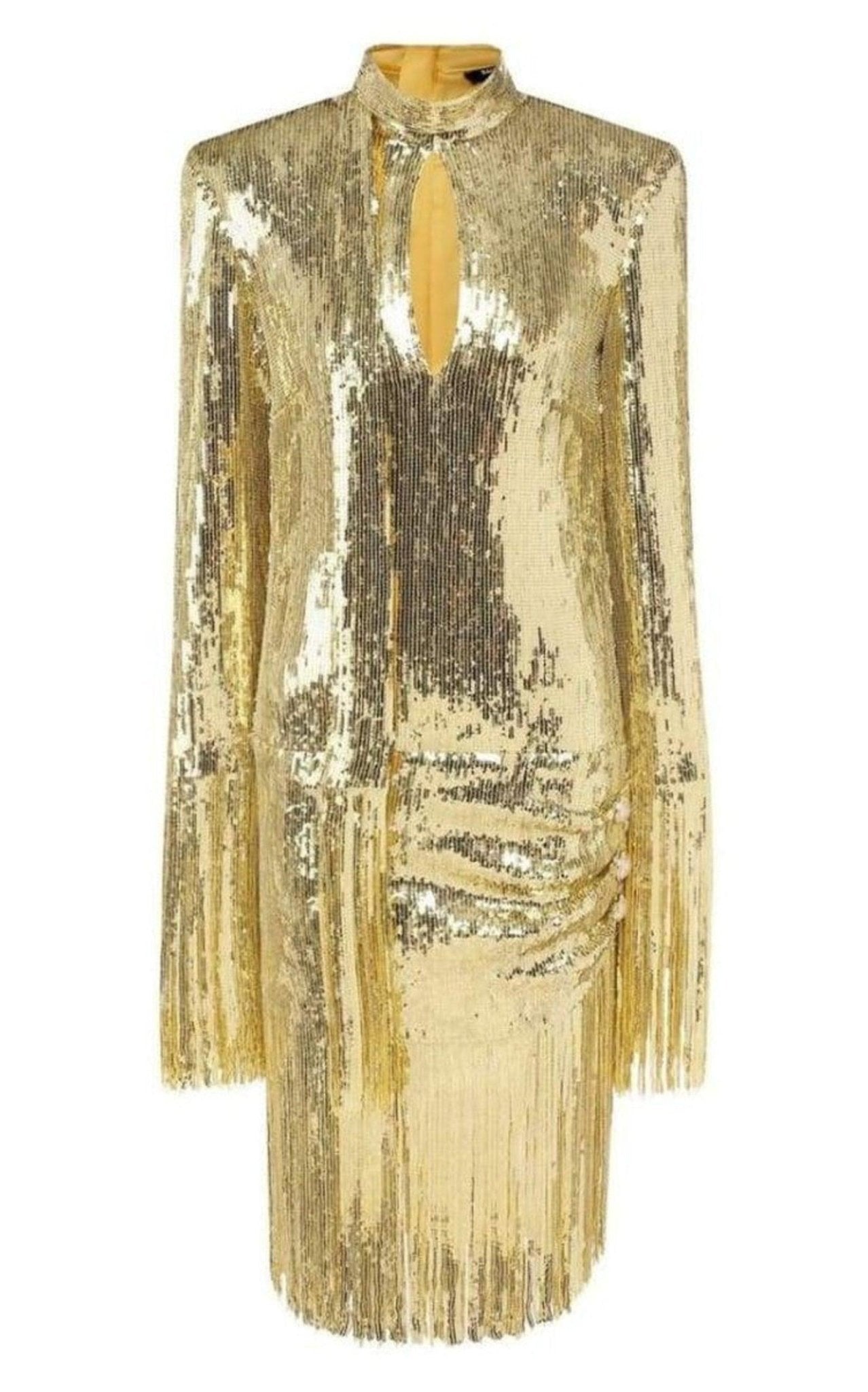 Balmain Fringed Gold Sequined Midi Dress – Runway Catalog